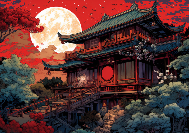 圆月夜间枫林树林中古建筑国潮节日背景插画,插画/手绘图,插画/手绘图库,插画/手绘图下载,插画/手绘